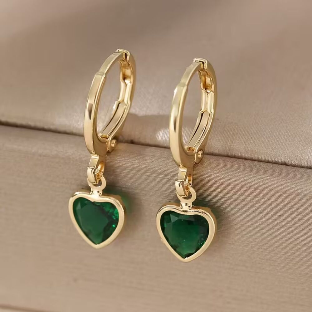 Green Heart Zirconia Crystal Dangle Hoop Earrings Gold Gemstone Drop Charm New